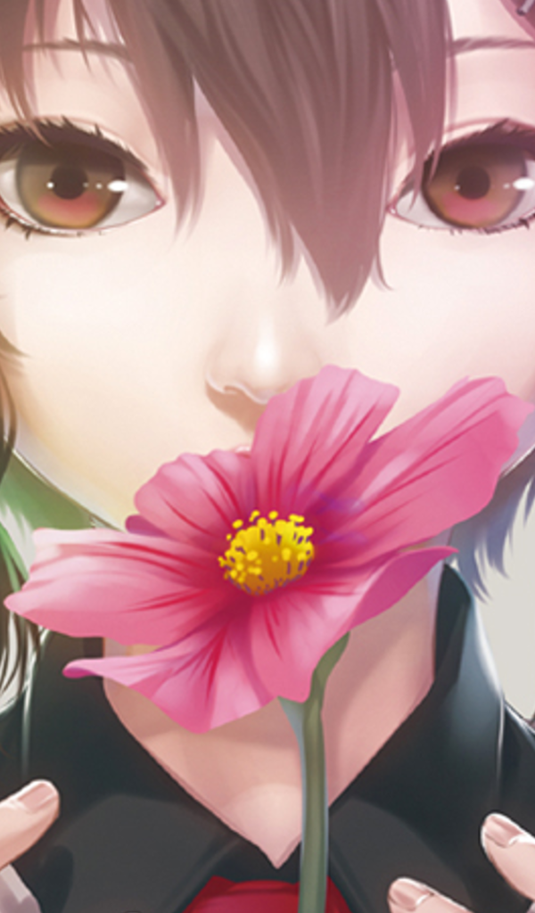 Девушка аниме нюхает розовый цветок