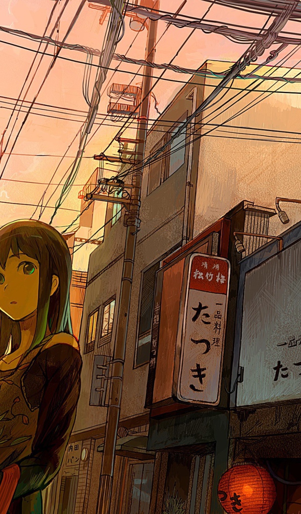 Девушка аниме гуляет по городу