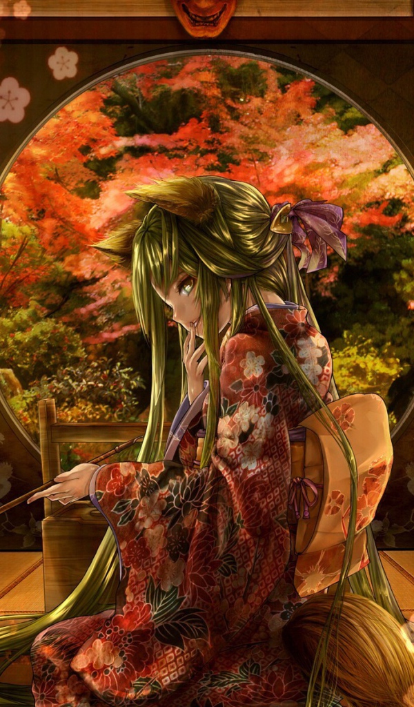 Аниме девушка с горящей бамбуковой палочкой