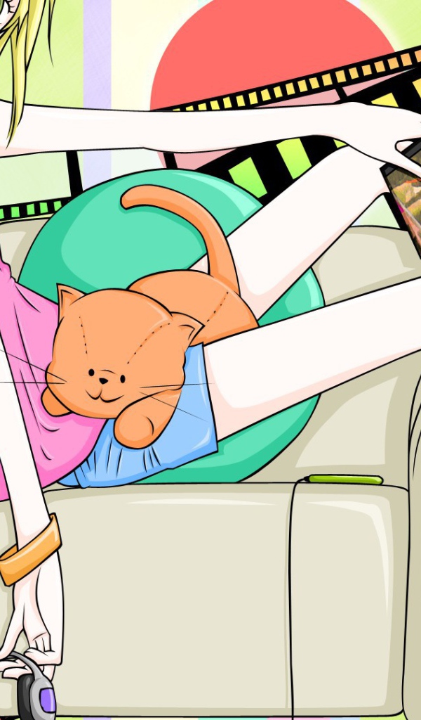 Девушка аниме с рыжим котом на коленях