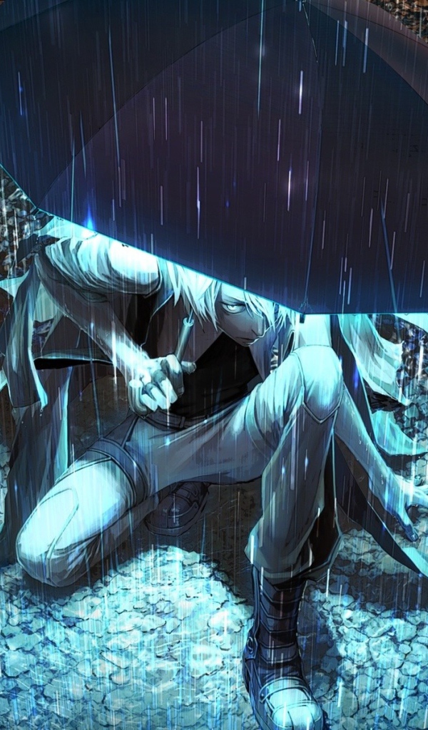 Парень аниме прячется от дождя под светящимся зонтом