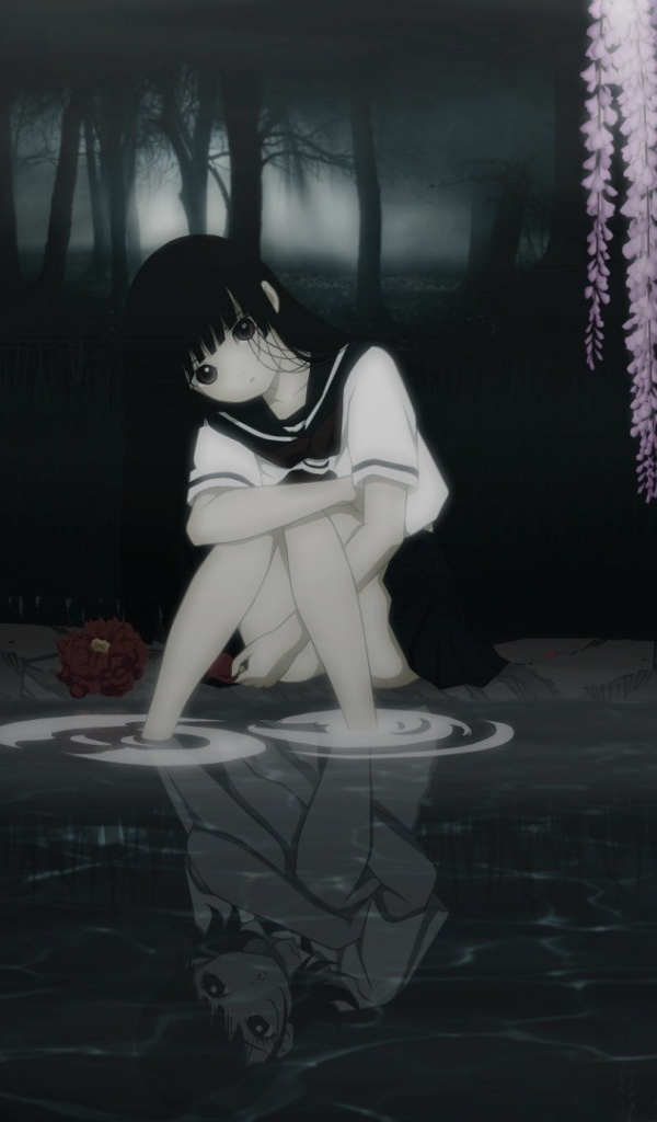 Девушка аниме грустит у воды