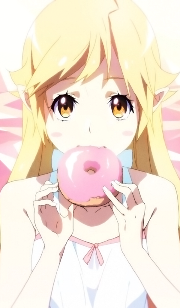 Светловолосая девушка аниме ест розовый пончик