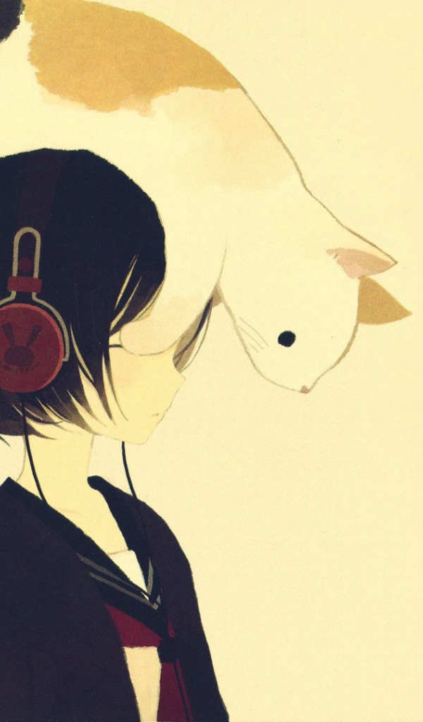 Кот на голове девушки аниме