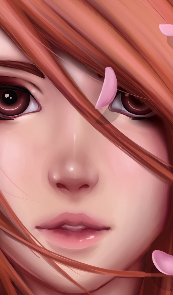 Лицо девушки аниме в лепестках сакуры