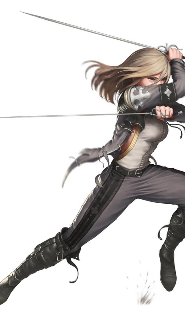 Девушка фехтует рапирами на белом фоне, аниме