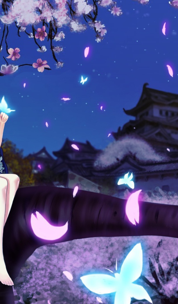 Девушка сидит на дереве в аниме Saigyouji Yuyuko