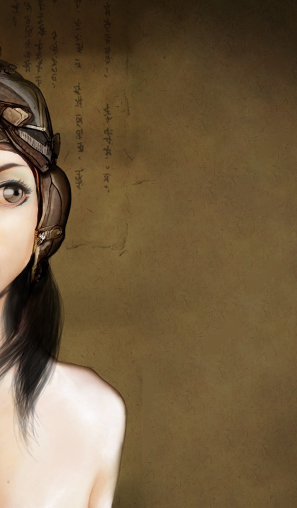 Японская девушка в старом шлеме летчика, рисунок