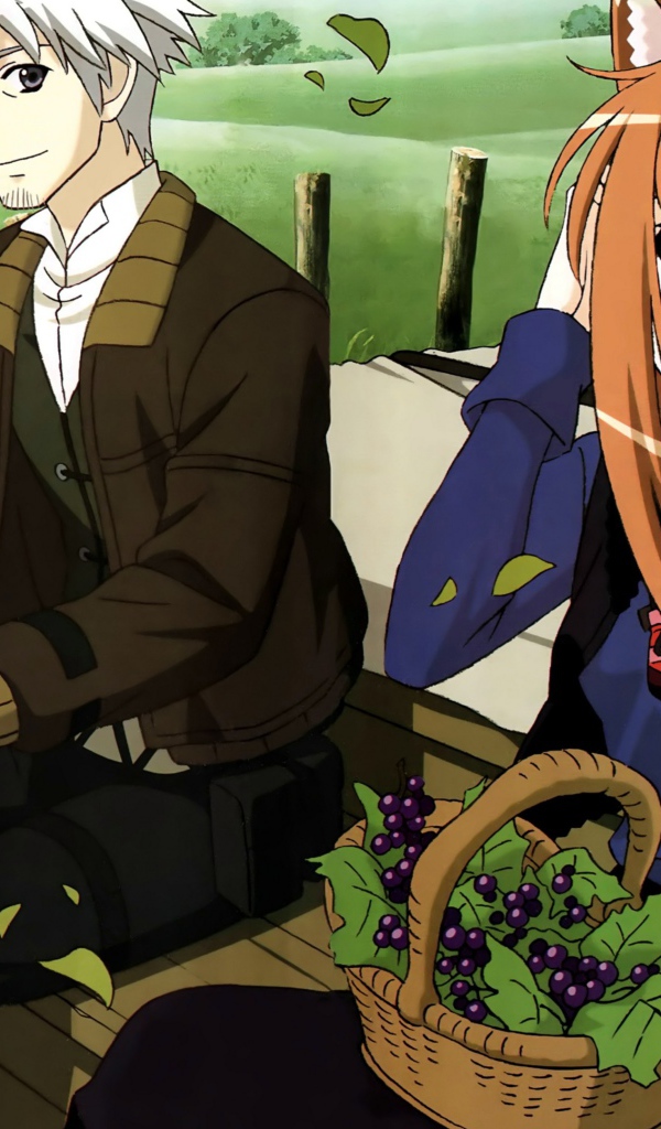 Влюбленная пара сидит на скамье в аниме Волчица и пряности