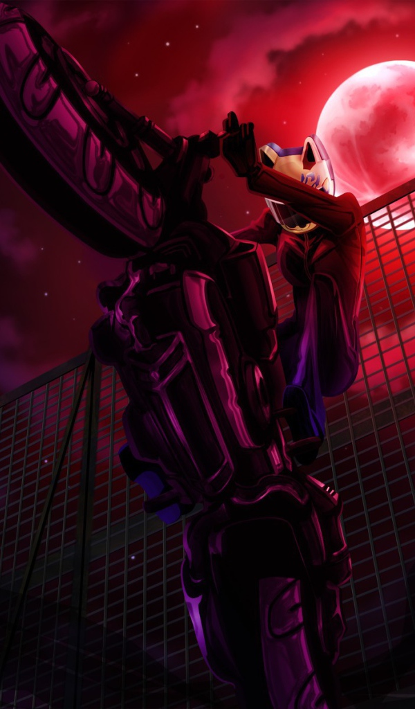 Мотоциклист на фоне красной луны в аниме