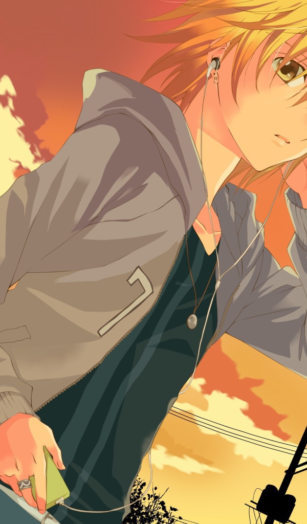 Рыжая девушка аниме на фоне неба