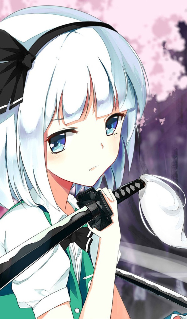 Грустная аниме девушка Konpaku Youmu с мечом на плече