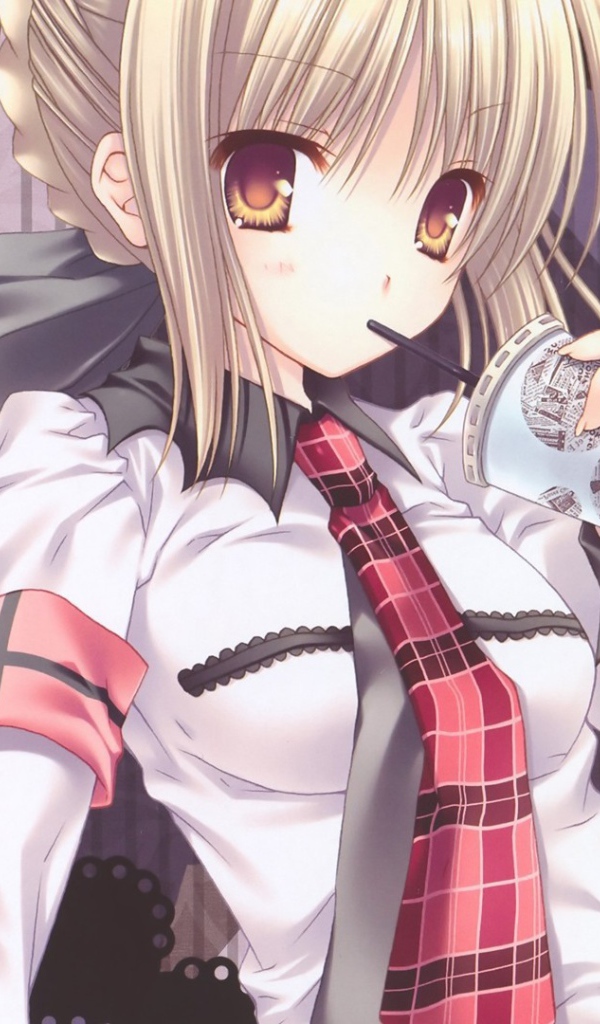 Девушка пьет напиток через соломинку, аниме Ночь прибытия