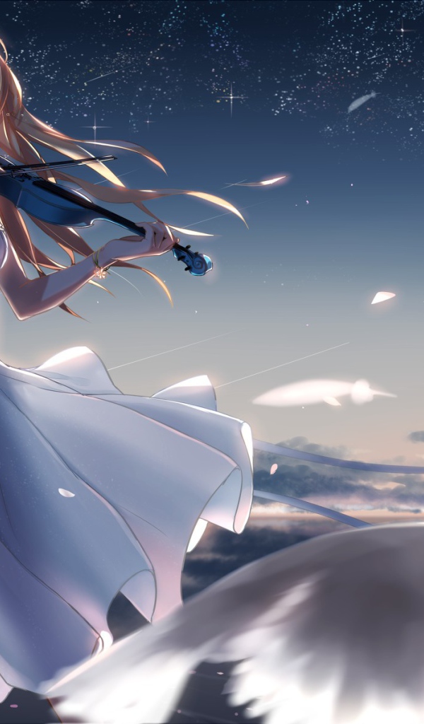 Девушка играет на скрипке среди голубей, аниме