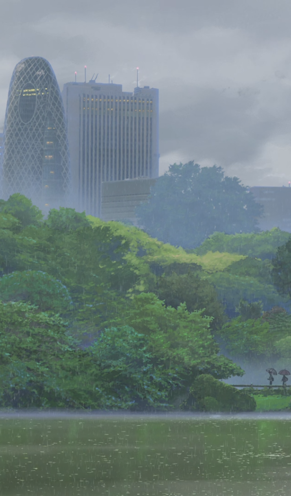 Небоскребы утопают в зелени, рисунок аниме