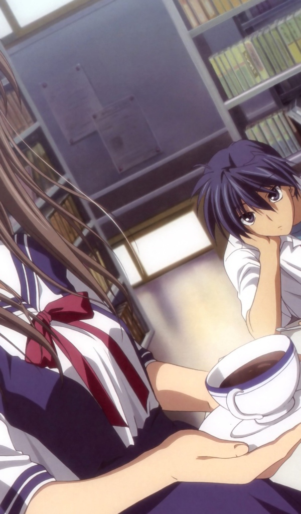 Девушка несет чай в аниме Кланнад