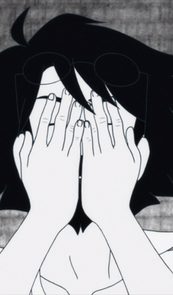 Девушка закрыла лицо в аниме The Tatami Galaxy