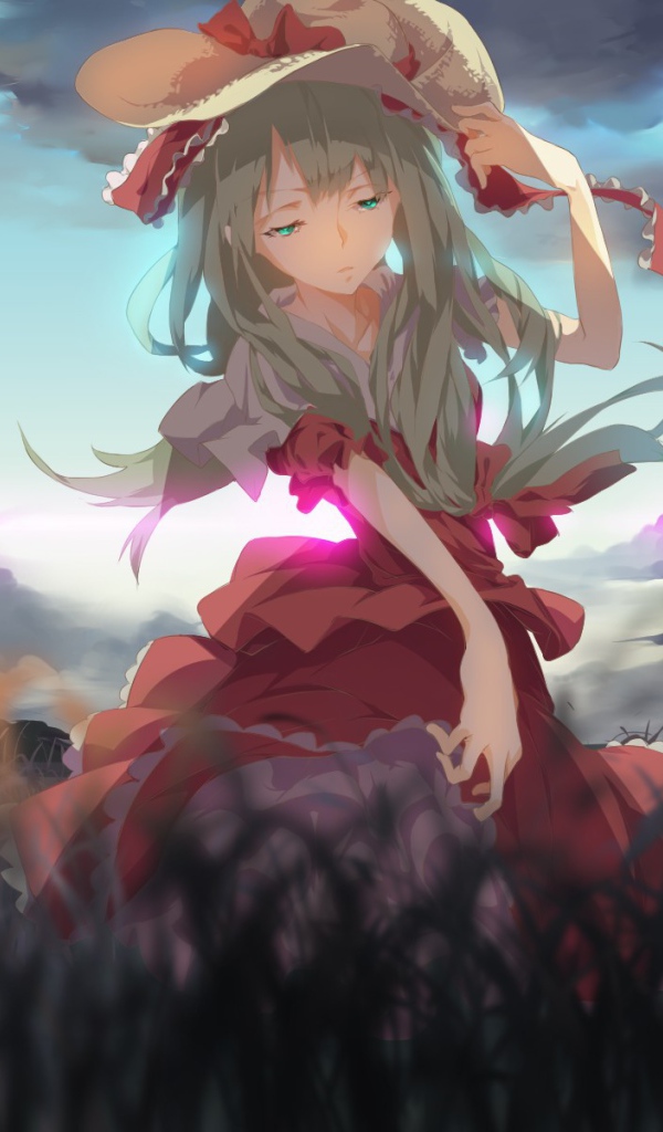 Девушка в шляпе идет по полю, аниме Kagiyama Hina