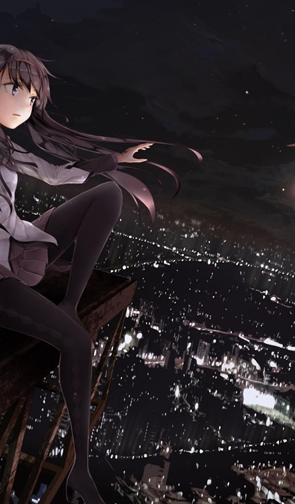 Девушка смотрит на ночной город, аниме Девочка-волшебница Мадока