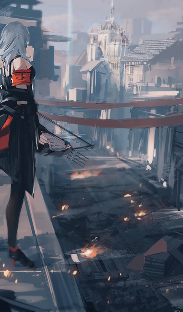 Девушка смотрит на город с высоты, аниме Pixiv Fantasia T