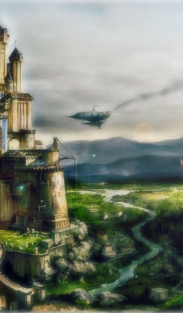 Девушка на фоне замка в аниме Сказка о хвосте феи