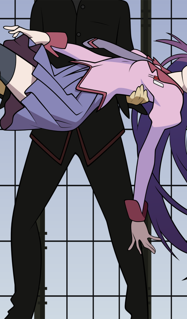 Парень держит девушку на руках в аниме Monogatari Series