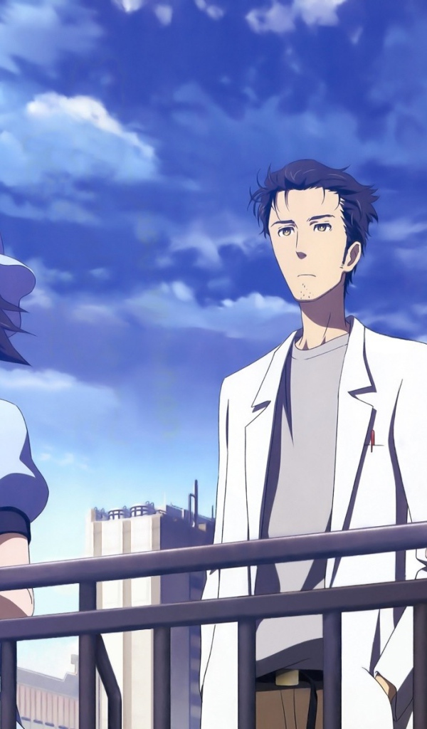 Три персонажа аниме Врата Штейна стоят у перил