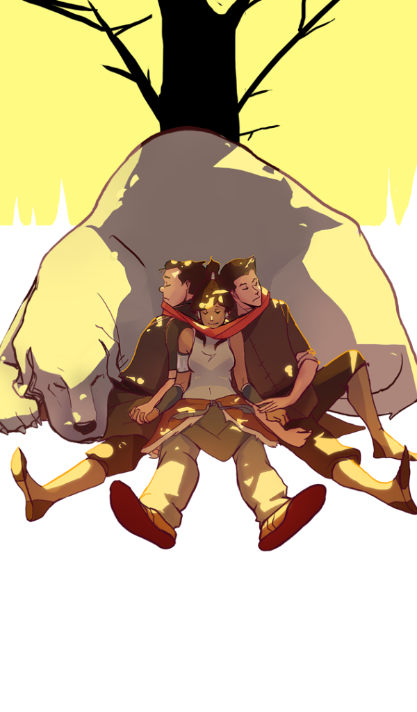 Три персонажа аниме Легенда о Корре спят у бока животного