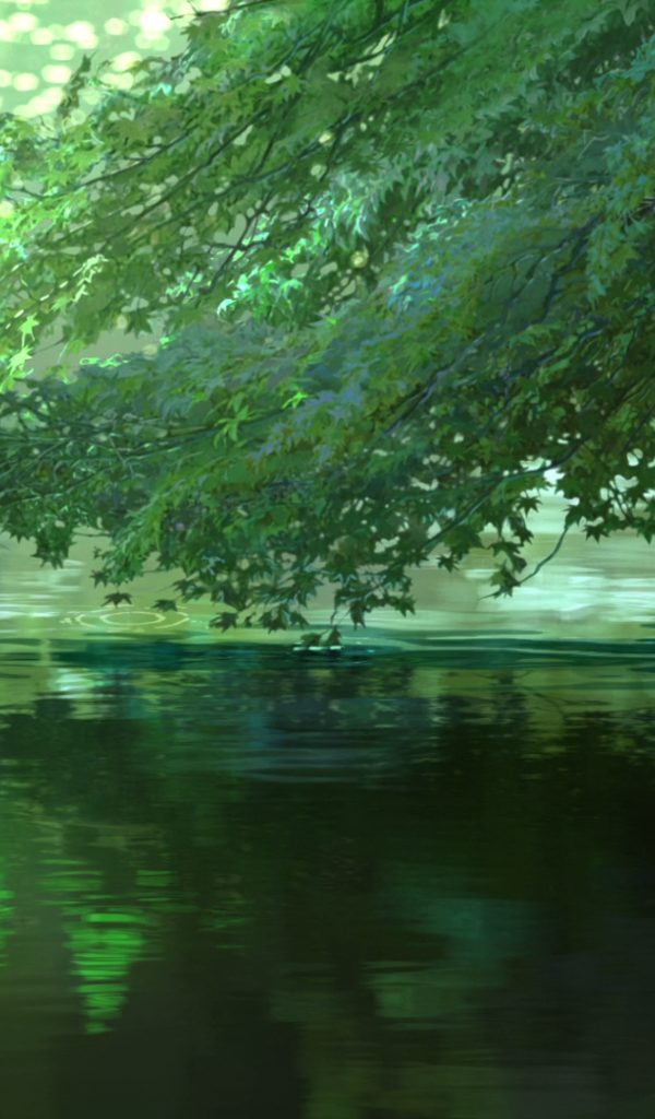 Дерево над водой в аниме Сад изящных слов