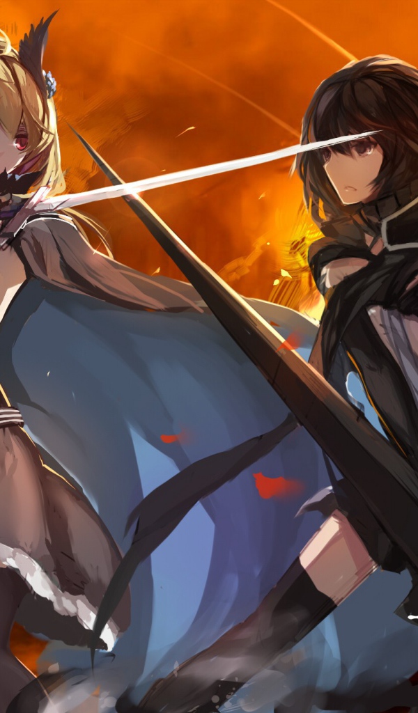 Две девушки на фоне огня, аниме Pixiv Fantasia