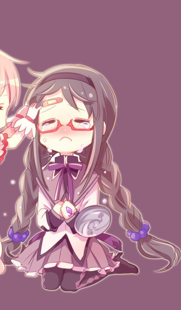 Две девочки на фиолетовом фоне, аниме Девочка-волшебница Мадока