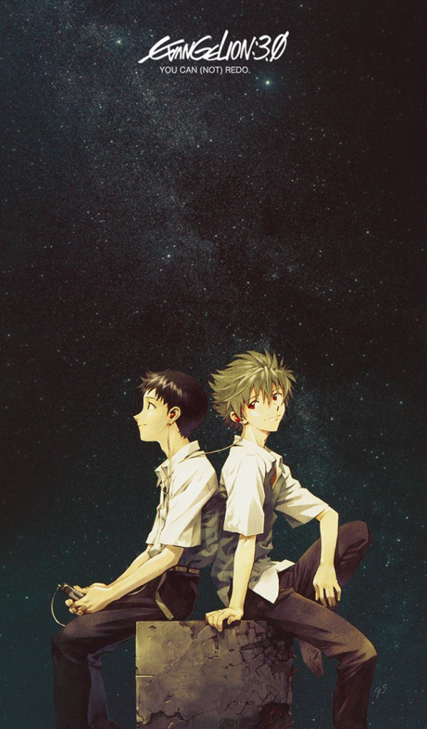 Два парня сидят на камне и слушают музыку, аниме