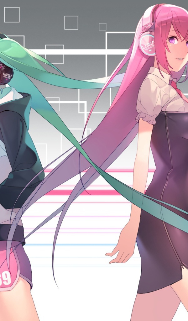 Вокалоиды с зелеными и розовыми волосами, аниме