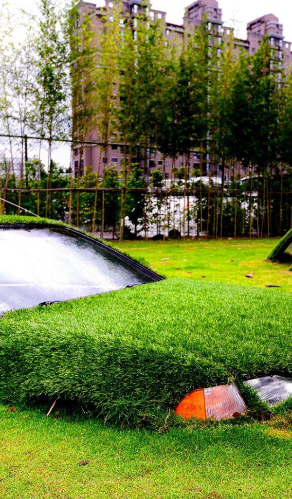 Автомобили утонули в газоне