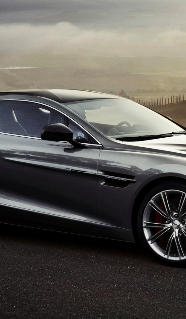 Dark gray Aston Martin on the background of the misty valley