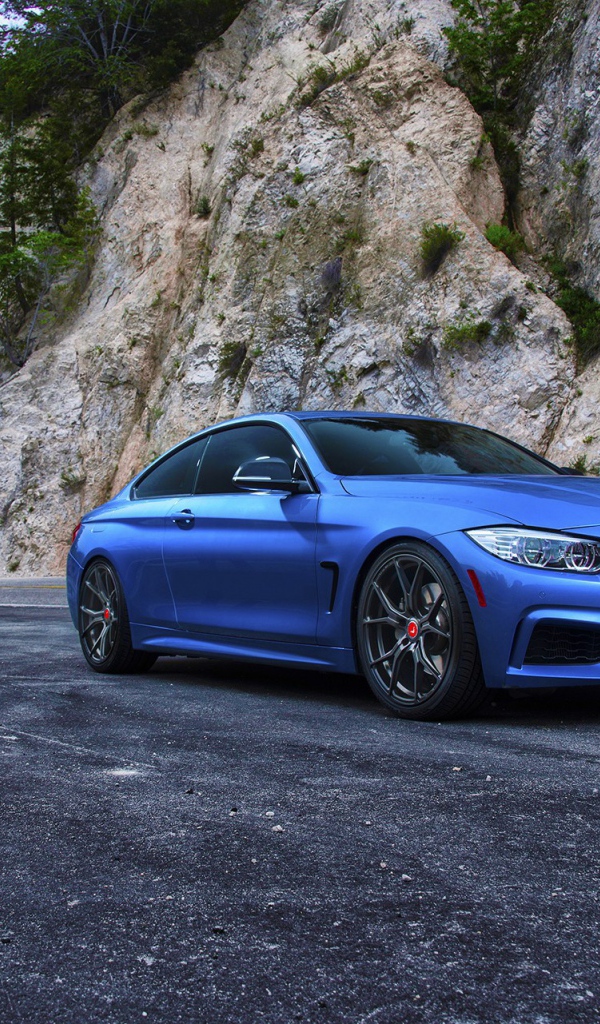 Голубой BMW M4 на фоне скалы