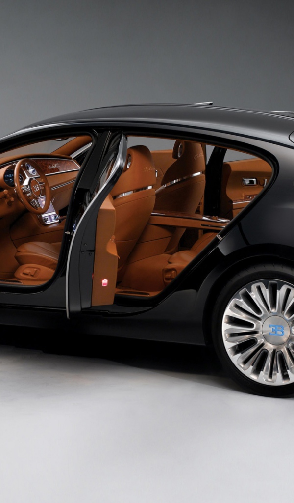 Black car Bugatti 16C Galibier with a brown interior