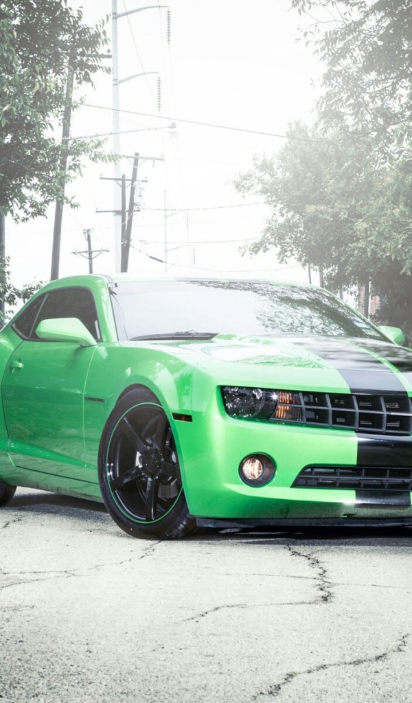 Зеленый Chevrolet Camaro на сером асфальте