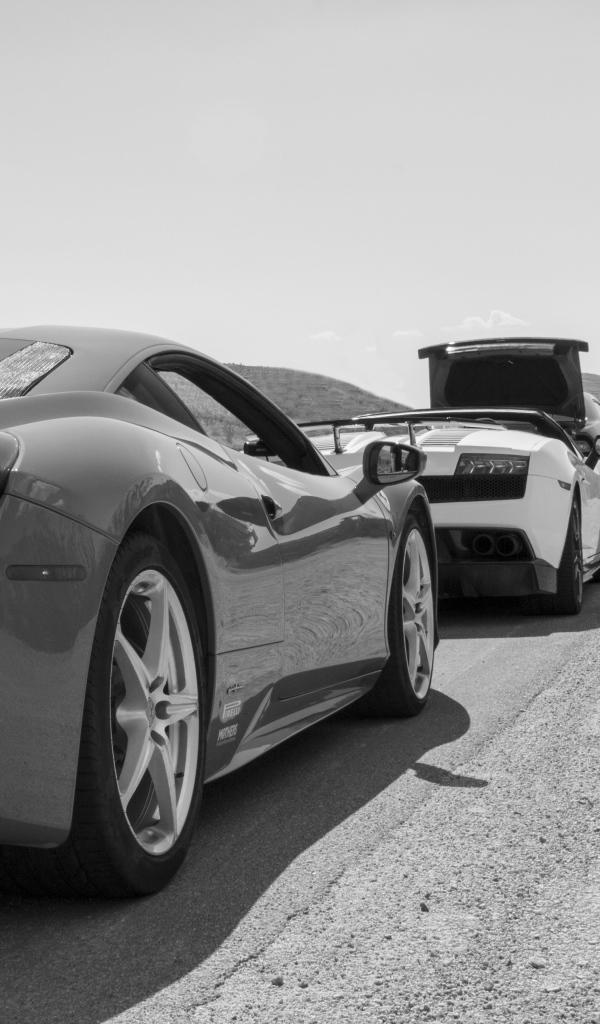 Черно белое фото автомобиля Ferrari 458