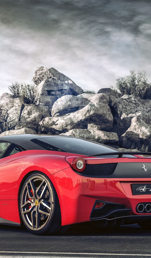 Красный Ferrari у горы из камней