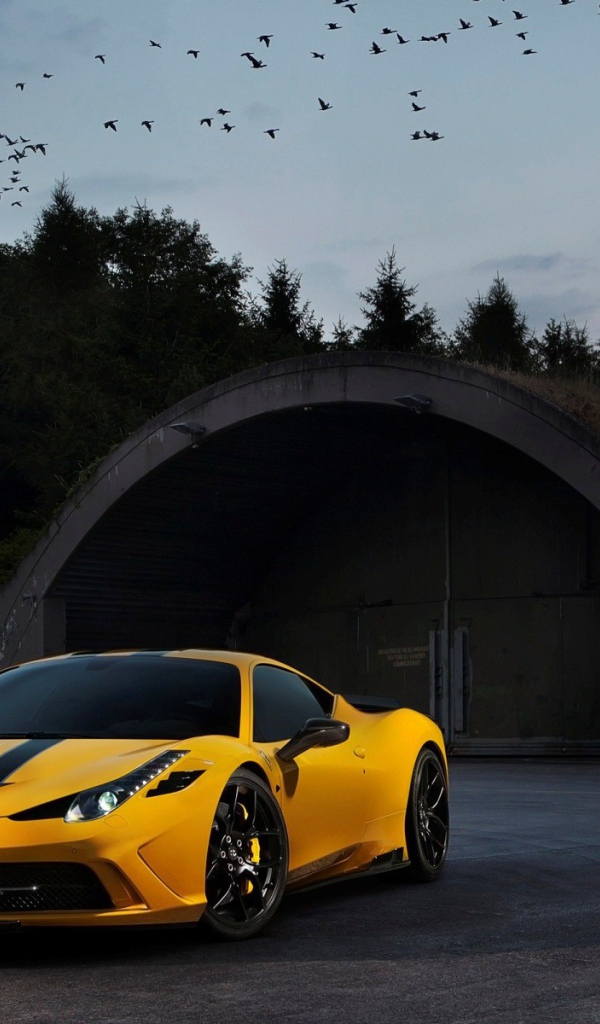 Желтый Ferrari 458 Speciale у входа в ангар