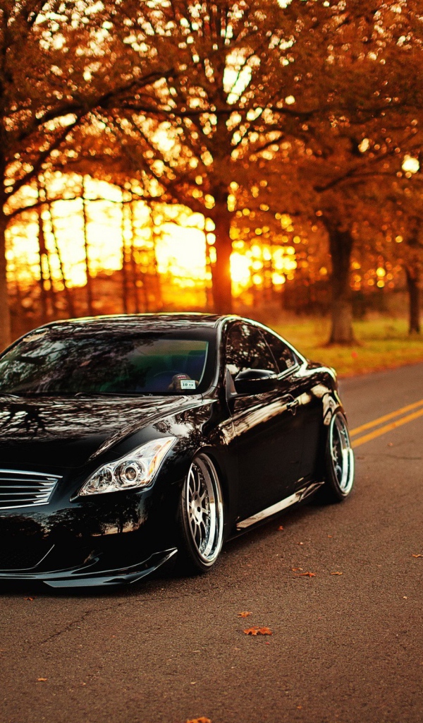 Черный Infiniti на шоссе среди осенних деревьев