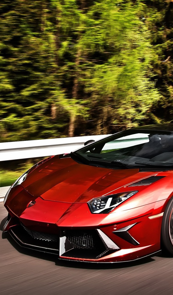 Темно красный Lamborghini Aventador на шоссе в лесу