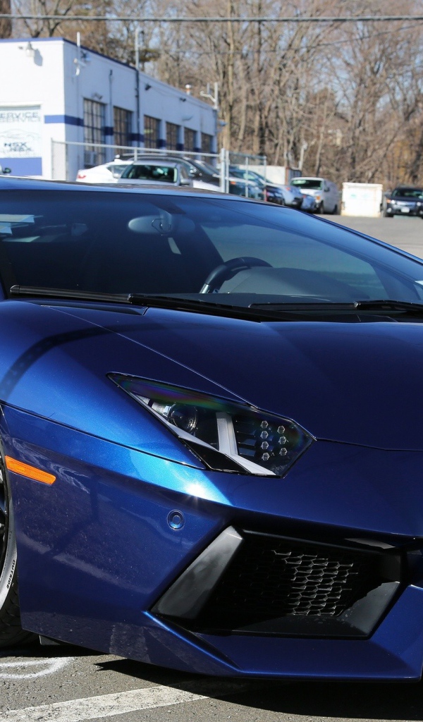 Темно синий автомобиль Lamborghini Aventador припаркован на улице