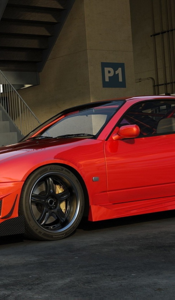 Красный Nissan Silvia S15 у гаража
