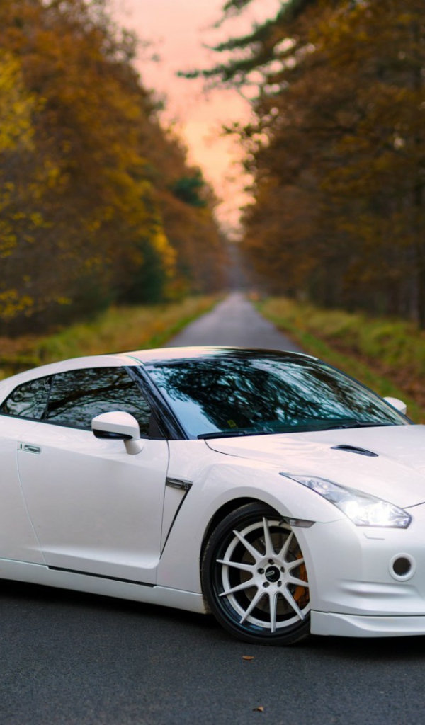 Белый Nissan GT-R на дороге в лесу