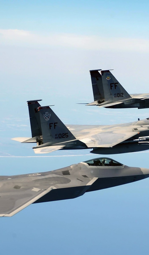 Звено самолетов F-22 Raptor и F-15 Eagle