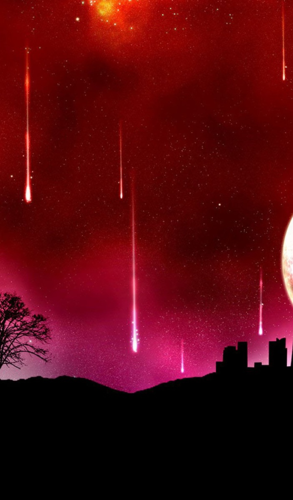 Огромная луна и падающие звезды, красный фон