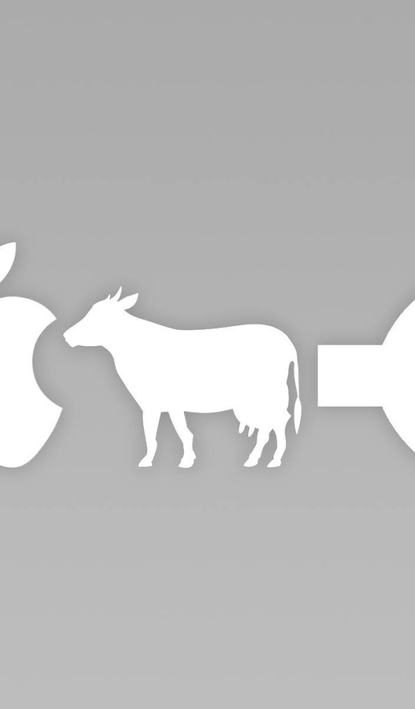 Яблоко, корова и динамик, серый фон