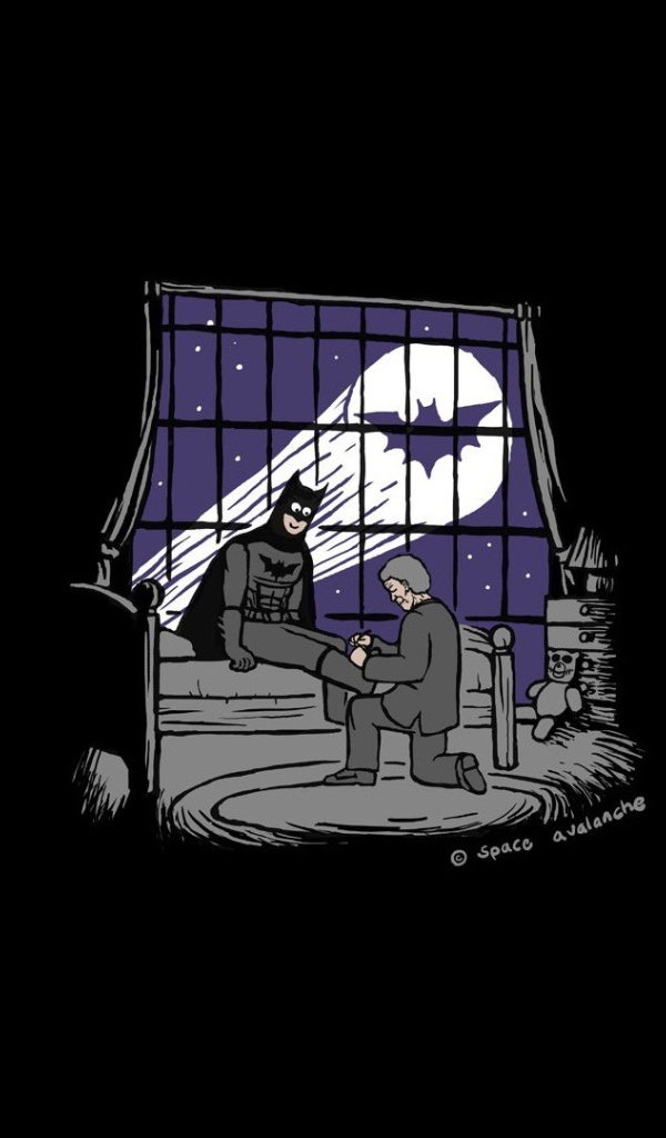 Помощник завязывает Бетману шнурки, черный фон